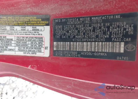 2004 Toyota Camry Solara Se z USA, uszkodzony, nr VIN 4T1CE38P04U815245